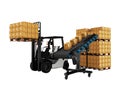The concept of placing pallet of goods with forklift from conveyor 3d render on white background no shadow