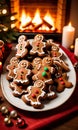 A Plate Of Christmas Gingerbread Cookies, With A Backdrop Of A Decorated Fireplace, Under The Warm Glow Of Fireligh. Generative AI Royalty Free Stock Photo