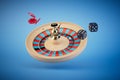 the concept of playing in the casino. roulette, chips and dice flying on a blue background. 3D render Royalty Free Stock Photo