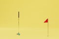 the concept of playing golf. a golf club next to a planet-shaped ball and a red flag on a yellow background. 3D render Royalty Free Stock Photo