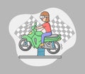 Concept Of Playing Virtual Reality Games. Woman In Goggles Plays Real Time VR Game. Girl Is Riding Motorbike Attraction Royalty Free Stock Photo