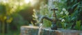 Repairing a Leaking Outdoor Faucet or Tap in Yard. Concept Plumbing, Outdoor Repairs, Leaking Royalty Free Stock Photo