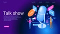 Concept of podcast, radio, broadcasting.. Icon composition with microphone, recording audio, listening talk or interview in mobile