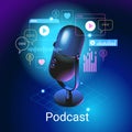 Concept of podcast, radio, broadcasting.. Icon composition with microphone, recording audio, listening talk or interview in mobile