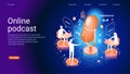 Concept of podcast, radio, broadcasting.. Icon composition with microphone, recording audio, listening talk or interview in mobile