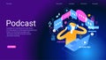 Concept of podcast, radio, broadcasting.. Icon composition with microphone, recording audio, listening talk or interview in mobile
