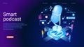 Concept of podcast, radio, broadcasting.. Icon composition with microphone, recording audio, listening talk or interview in mobile