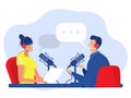 Concept of podcasting,Man and woman talking or Podcast presenters with a microphone talking live in studio.