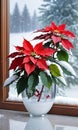 Poinsettia Centerpiece On A Frosty Window Sill With A Snowy Landscape Reflection, Day, Indoor, Front Shot. Generative AI