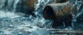 A closeup shot of a dirty water pipe discharging wastewater into a body of water causing pollution.