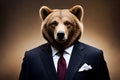 A Portrait Of A Grizzly Bear Dressed In A Suit Like Trader Dark Color Background, Finance Stock Bear Market Concept. Generative AI