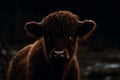 Portrait of highland cow calf in scotland, dark colors. Generative AI Royalty Free Stock Photo
