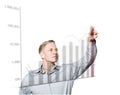 Young businessman pressing button on rising graph.