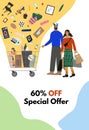 Concept poster or flyer for shop sales and discounts. Happy woman and man standing together and holding shopping cart Royalty Free Stock Photo