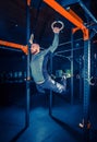 Concept: power, strength, healthy lifestyle, sport. Powerful attractive muscular man at CrossFit gym Royalty Free Stock Photo