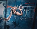 Concept: power, strength, healthy lifestyle, sport. Powerful attractive muscular woman at CrossFit gym Royalty Free Stock Photo