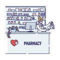 Concept Of Precautionary Measures During Quarantine. Woman Pharmacist Sale Drugs In The Protective Mask In Pharmacy