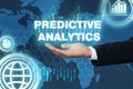 Concept of predictive analytics. Businessman, world map and virtual icons on color background, closeup