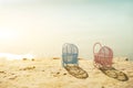 The concept of pregnancy at sea. Pink and blue miniature strollers on the beach Royalty Free Stock Photo