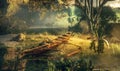 A concept of prehistoric landscape with native boat, pristine forest and adventurous travel.