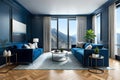 Premium Livingroom In Blue Tones Trend. Empty Wall For Art Blank Background. Large Dark Blue Couch With Navy Walls.. Generative AI Royalty Free Stock Photo