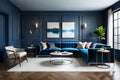 Premium Livingroom In Blue Tones Trend. Empty Wall For Art Blank Background. Large Dark Blue Couch With Navy Walls.. Generative AI Royalty Free Stock Photo