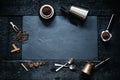 Concept - preparing of coffee. Coffee cup, mocha, coffee maker, roasted beans, spoons, turkisch cezve, biscuits and cardamom. Coff Royalty Free Stock Photo