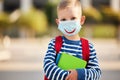 Concept of preventing a coronavirus covid-19 and viral infections. Little schoolboy in a medical mask with a painted smile before