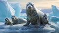 The concept of the problem of climate change, global warming and melting of glaciers. A group of grey seals are sitting