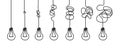 Concept of problem solving or difficult a task. Hanging light bulbs with a tangled cable Royalty Free Stock Photo