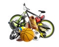Concept of product categories sports wear and equipment 3d render on white background