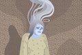 Concept of professional burnout, sad and tired woman with smoke above her head.