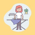 Concept Of Professional Cleaning Service, Housework. Woman Cartoon Character Is Iron Clothes At Home. Happy Girl Do Royalty Free Stock Photo