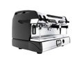 Concept professional coffee machine on four cups with milk 3d render on white background no shadow