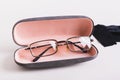 Concept of proper storage of glasses in a hard case on the table Royalty Free Stock Photo