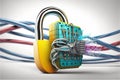 concept protection data security Internet background white isolated padlock locked cable ethernet Network Royalty Free Stock Photo