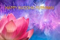 The concept of Purnima Buddha day: a silhouette of a pink Lotus flower against the background of a festive salute