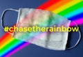 The concept of the pursuit of the rainbow. Medical mask in all colors of the rainbow on a blue background. inscription