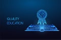 Concept of Quality education with open book and excellence badge symbol in futuristic style on blue