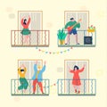 Concept of quarantine. People staing at home and dance on their balconies. Stay home concept. Self isolation, quarantine Royalty Free Stock Photo