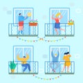 Concept of quarantine. People staing at home and dance on their balconies. Stay home concept. Self isolation, quarantine