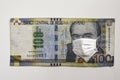 Concept: Quarantine in Peru, 100 Soles banknote with face mask. Economy and financial markets affected by corona virus