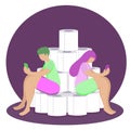 The concept of quarantine, self-isolation and panic. A guy and a girl are sitting on a pile of toilet paper and looking Royalty Free Stock Photo