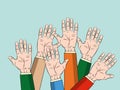 Concept of raised up hands. Concept of education, business train on blue background illustration