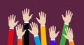 Concept of raised up hands. Flat vector illustration isolated on background Royalty Free Stock Photo