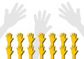 Concept of raising hands to express opinions on white background.