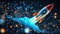 The concept of rapid growth is visually represented through a digital illustration of a rocket launch on a dark blue tech Royalty Free Stock Photo