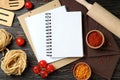 Concept of recipe on wooden background, space for text Royalty Free Stock Photo