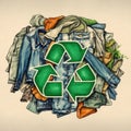 Concept of recycle. Clothing with recycling symbol in center, beige background. AI generated