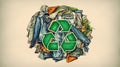 Concept of recycle. Clothing with recycling symbol in center, beige background with copy space